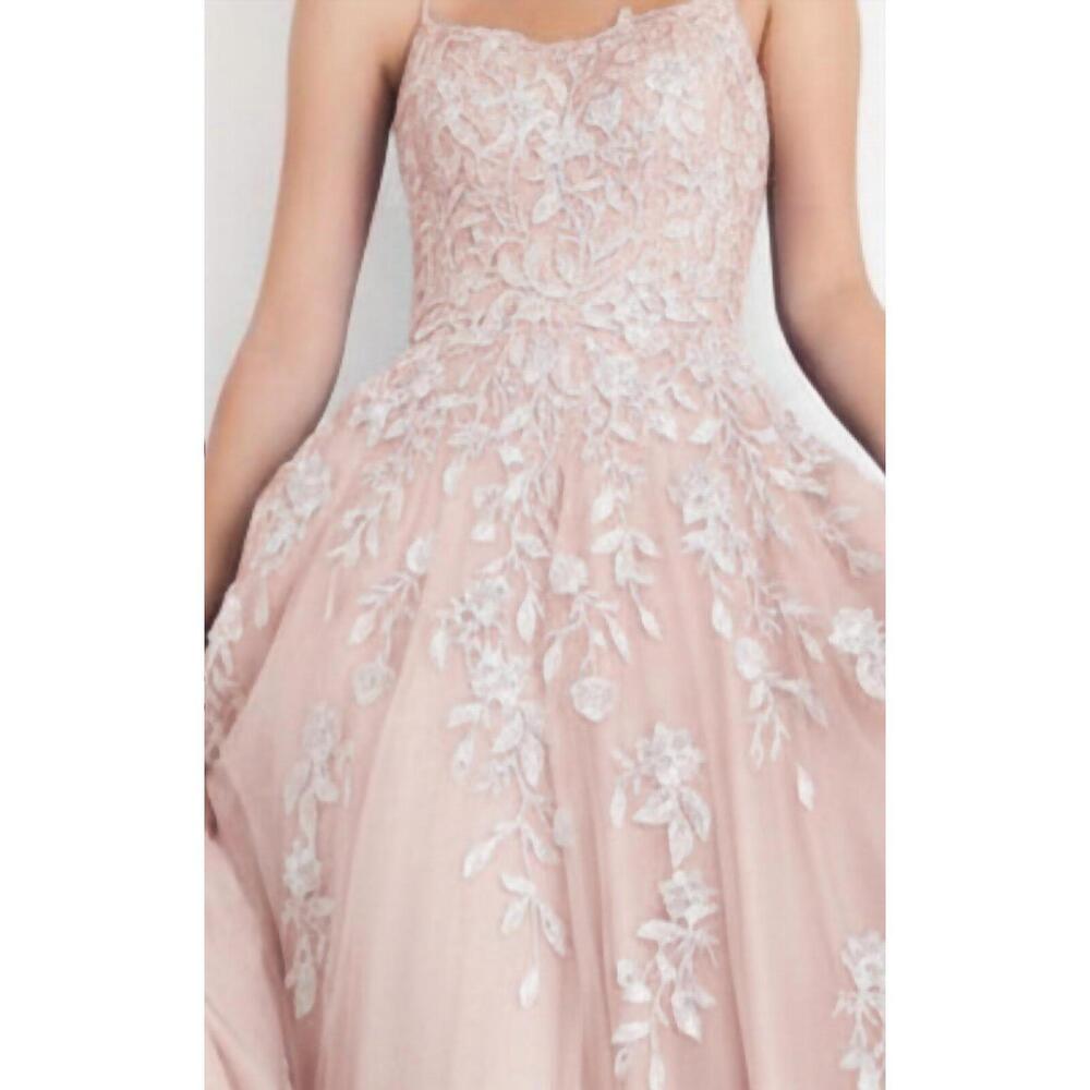 NEW JOVANI spaghetti strap embroidered prom gown in blush - Picture 2 of 3